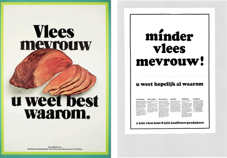 Poster links: Voorlichtingsbureau Vlees, Vleeswaren en Vleesconserven uit Den Haag. Poster rechts: Jan Juffermans